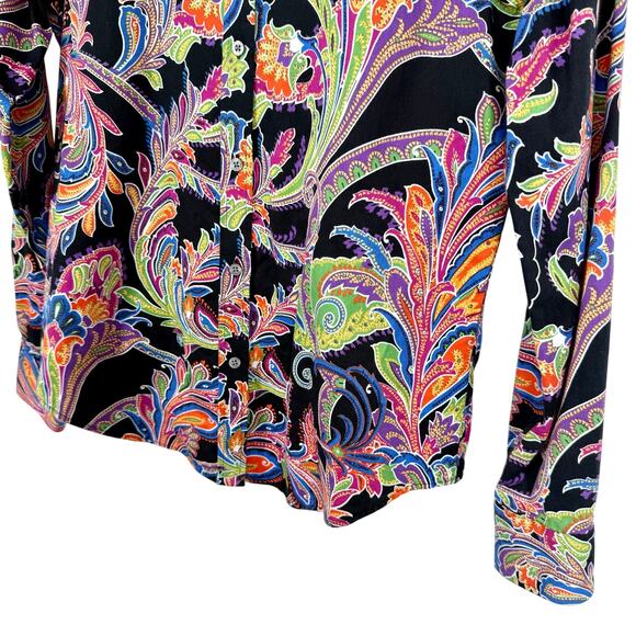 Ralph Lauren Womens Sz Small No Iron Vibrant Black Tropical Blouse Shirt Top - Picture 5 of 8